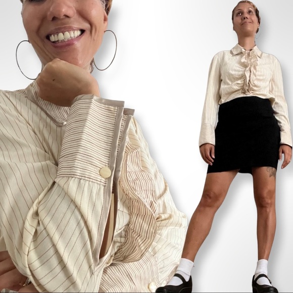 VTG  Pinstripe brown ruffle front hook and loop closing silk edge Ham detail - Picture 5 of 15